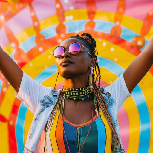 a female stylish african american podcaster exploring a music festival event in durban south africa. Background music festival vibrant high energy --v 6.0