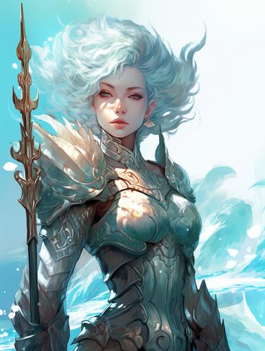 a female triton, teal skin with scales on the side of her face and neck, short wavy light blue hair that resembles water, wearing silver armor with seashell decals, holding a rapier, dnd character concept art, rococo style, soft colors, cool natural lighting, detailed, high fantasy knight, --ar 6:8