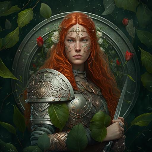 a female warrior in plate armor. She has green eyes, freckles and long red hair. Her hair is in a braid with leaves and flowers decorating it. She is holding a sword and a butifully decorated silver shield. Nature themed, fantasy, high detail