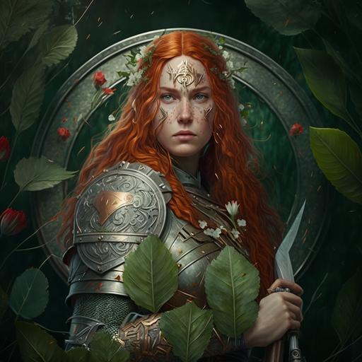 a female warrior in plate armor. She has green eyes, freckles and long red hair. Her hair is in a braid with leaves and flowers decorating it. She is holding a sword and a butifully decorated silver shield. Nature themed, fantasy, high detail