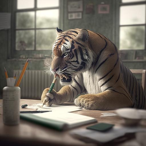 a femel tiger is doing home work and mean will eating a rebbit head in Hong Kong