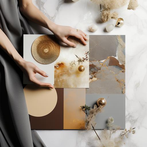 a feminine hand creating an architectural mood board colors brown grey gold marble