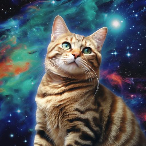 a feral cat winking in outer space with saturn in background