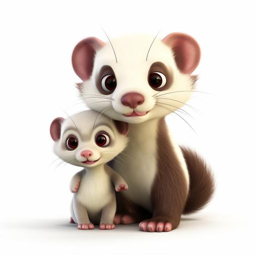 a ferret with a baby ferret, cartoon style, disney style, white backround, high quality, 3d rendered
