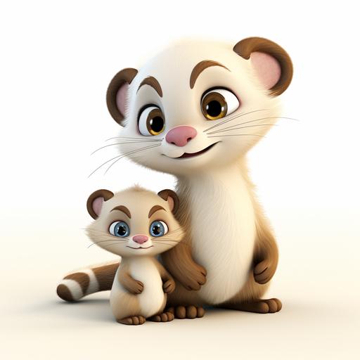 a ferret with a baby ferret, cartoon style, disney style, white backround, high quality, 3d rendered