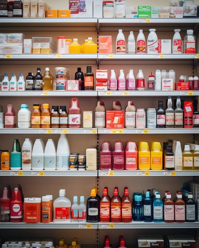 a few shelves in a grocery store filled with different vitamin bottles. The store looks bright, clean and modern. Sony a7R IV camera, Meike 85mm F1.8 lens --ar 4:5