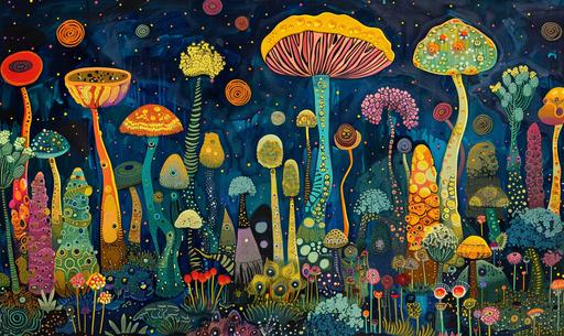 a field filled with too many wizardslippers, peyote induced psychedelic magiccore visions in the style of david hockney, gustave klimpt, paper mache covered tin figurines, rausberg, delicated woodblock print, russian folk art laquer, naive painting --ar 5:3 --v 6.0 --s 250