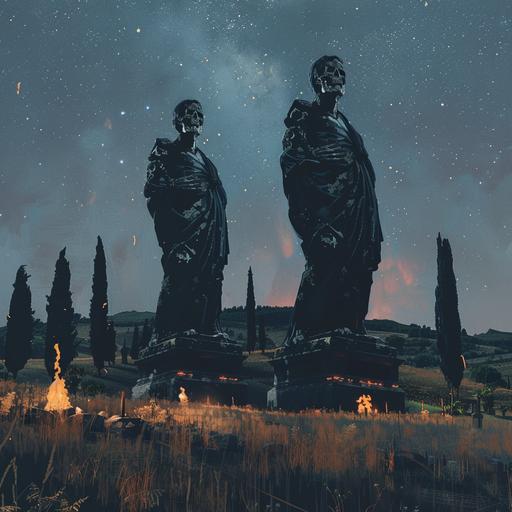 a field in front of two giant black statues representing good and evil, in a starry night, cinematic landscape, the statues are from roman empire, but with skull faces instead of normal faces, the two statues are staring at each other, some torches in the background made by wood and fire,