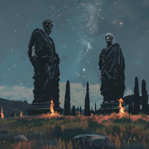 a field in front of two giant black statues representing good and evil, in a starry night, cinematic landscape, the statues are from roman empire, but with skull faces instead of normal faces, the two statues are staring at each other, some torches in the background made by wood and fire,