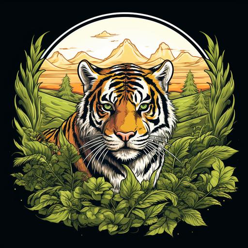 a field of marijuana plants filled with cannabis plants and a tiger mascot logo in the middle of the weed plant field, detailed hand drawn logo