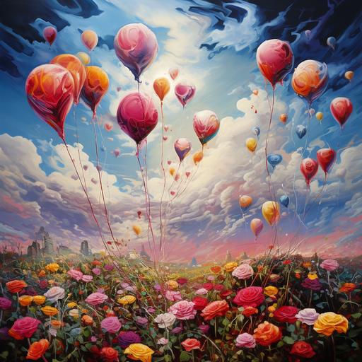 a field of roses in different colours. Small balloons are flying in the sky. Its surrealistic, salvador dali and abstract