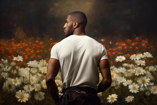 --ar 6:4 a field, white flowers around all around, field of white flowers in the center a small pond pool in which a fit fitness black man with back tattoos stands waist-deep turned away see back oil panting in the style of Rembrandt
