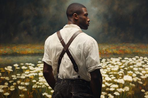 --ar 6:4 a field, white flowers around all around, field of white flowers in the center a small pond pool in which a fit fitness black man with back tattoos stands waist-deep turned away see back oil panting in the style of Rembrandt
