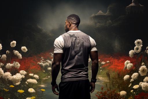 a field, white flowers around, in the center a small black pond pool in which a fit fitness black man with back tattoos stands knee-deep turned away see back oil panting in the style of Rembrandt --ar 6:4