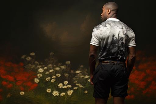 a field, white flowers around, in the center a small black pond pool in which a fit fitness black man with back tattoos stands knee-deep turned away see back oil panting in the style of Rembrandt --ar 6:4