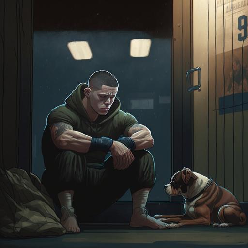 a fighter who lost a fight sitting with his dog in a locker room with a window, a sad atmosphere, dim lighting, dawn is visible in the window, boxing gloves and a towel are on the floor, Nate Diaz face