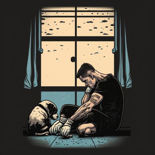 a fighter who lost a fight sitting with his dog in a locker room with a window, a sad atmosphere, dim lighting, dawn is visible in the window, boxing gloves and a towel are on the floor, Nate Diaz face