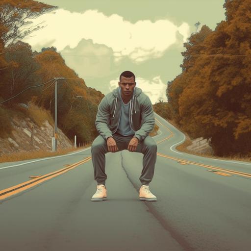 a fighter with gray sweatshirt and pants on the deserted road with vegetation on the sides, gray running shoes, brown skin, very short hair, comics, mortal kombat style, stranger things, very detail, in the same position refference