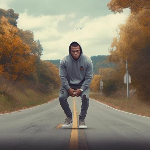 a fighter with gray sweatshirt and pants on the deserted road with vegetation on the sides, gray running shoes, brown skin, very short hair, comics, mortal kombat style, stranger things, very detail,