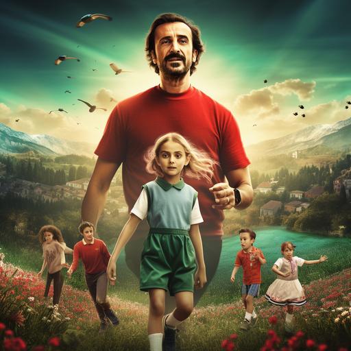 a film poster like a mix of desperate House wifes and a ted lasso film with a 10 year old turkish girl, her turkish looking parents and a blonde coach, turkish girl, film still, film grain, sunny, green gras - - ar 7:5
