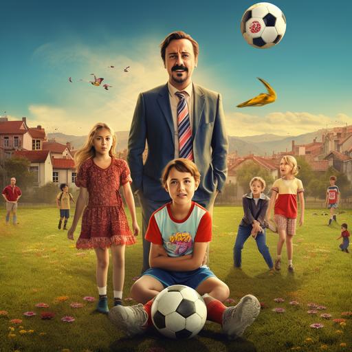 a film poster like a mix of desperate House wifes and a ted lasso film with a 10 year old turkish girl, her turkish looking parents and a blonde coach, turkish girl, film still, film grain, sunny, green gras - - ar 7:5