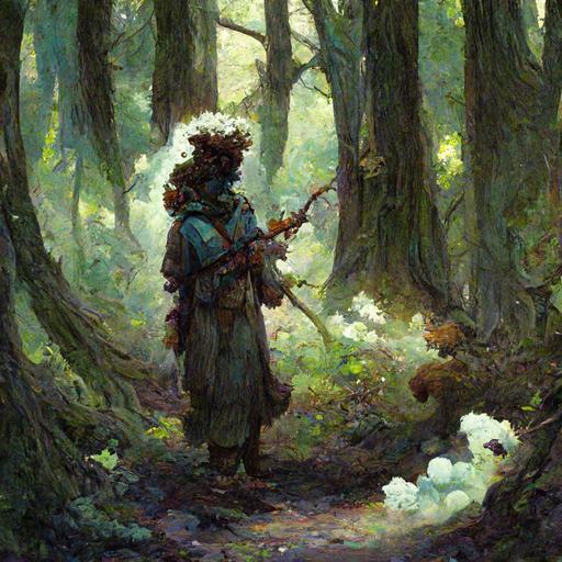 a firbolg druid holding a wodden stick in one hand and a squirrel on the other hand, whole body, standing in the woods