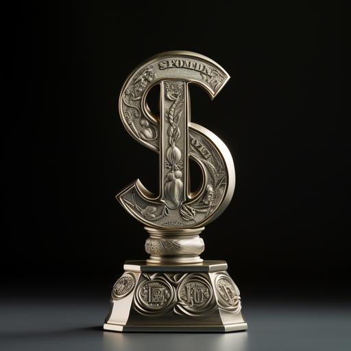 a first place award trophy in the shape of a dollar sign