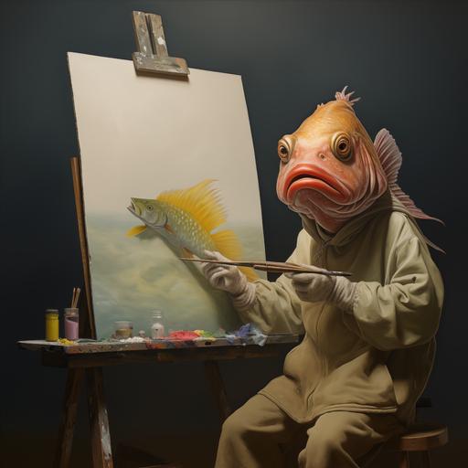 a fish stood at an easel painting like an artist. The fish is wearing a tee shirt with the name 'Alan' written on it