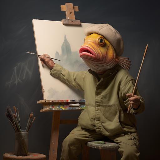 a fish stood at an easel painting like an artist. The fish is wearing a tee shirt with the name 'Alan' written on it