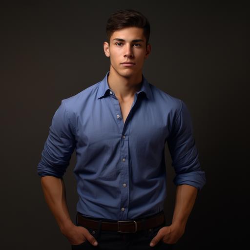 a fit young guy wearing a skinny fit blue shirt , photorealistic