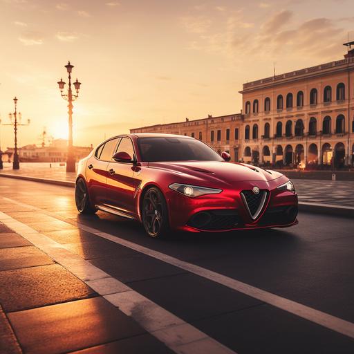 a flaming red Giulia GTA 2023, Alfa Romeo, driving in Venice Italy, at sunset. Hyper realistic.