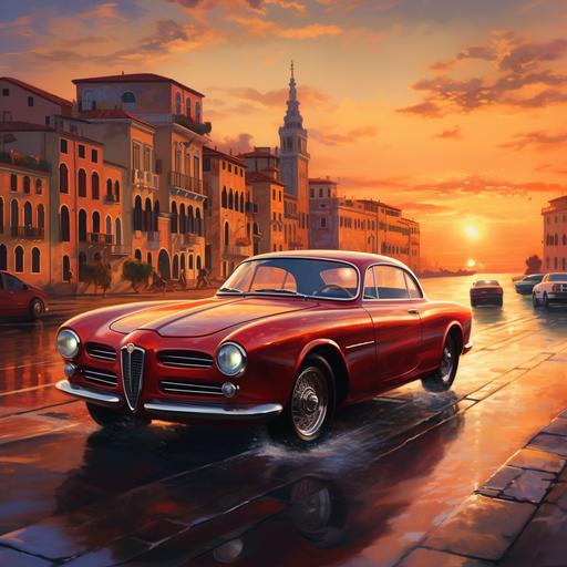 a flaming red Giulia GTA 2023, Alfa Romeo, driving in Venice Italy, at sunset. Hyper realistic.