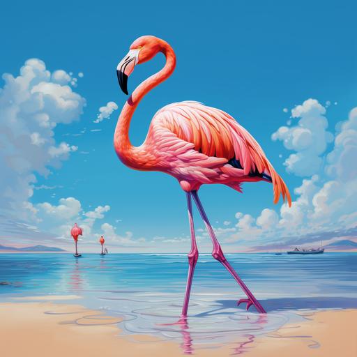 a flamingo with pink feathers and long neck and legs standing on one leg and bending its neck to its back on a sandy beach surrounded by blue sky and sea with other flamingos