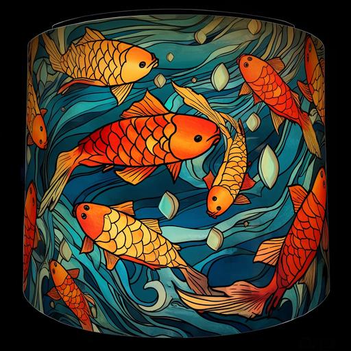 a flat sketch design for a complex stained glass Tiffany style lampshade depicting in vibrant bright teal, orange, blue and starburst yellow/red, a small group of differently patterned Koi fish on the surface of rippling water and lotus flowers --q 2