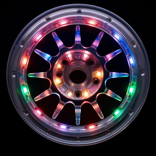 a flat view of a Toyota Cresta crystal-clear translucent plastic wheel with LED multicolor lights on black background. Flares, stars, reflects, mirror, shining, plastic, translucent, very shiny, light, pink, blue, RGB, shiny, perfectly round circular completely translucent transparent plastic crystal-clear plastic clear-glass translucent, tiny led lights, big led lights, cue button, RGB backlit buttons, blue led lights, red llight, green light, blue light, pink light, violet lights, lasers, DJ controller buttons and knobs, designed by virgil abloh, Pioneer c/o Virgil Abloh on black background. Electronic parts, translucent, electronic circuits inside, electronic cables, showing the inside, clear plastic, reflects, mirror, chrome, shiny, black, white, bright light, perfectly clear, perfectly translucent, transparent, plastic, melted plastic, molded clear plastic texture, completely translucent plastic, electronic leds, blue and orange led lights, RGB, backlit buttons, backlit knobs, LED lights, rgb lights, RGB lights, orange led light, green led lights, pink led lights, blue led lights, electric colors, flashy colors, super bright lights --s 50