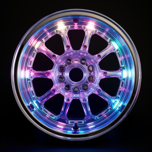 a flat view of a Toyota Cresta crystal-clear translucent plastic wheel with LED multicolor lights on black background. Flares, stars, reflects, mirror, shining, plastic, translucent, very shiny, light, pink, blue, RGB, shiny, perfectly round circular completely translucent transparent plastic crystal-clear plastic clear-glass translucent, tiny led lights, big led lights, cue button, RGB backlit buttons, blue led lights, red llight, green light, blue light, pink light, violet lights, lasers, DJ controller buttons and knobs, designed by virgil abloh, Pioneer c/o Virgil Abloh on black background. Electronic parts, translucent, electronic circuits inside, electronic cables, showing the inside, clear plastic, reflects, mirror, chrome, shiny, black, white, bright light, perfectly clear, perfectly translucent, transparent, plastic, melted plastic, molded clear plastic texture, completely translucent plastic, electronic leds, blue and orange led lights, RGB, backlit buttons, backlit knobs, LED lights, rgb lights, RGB lights, orange led light, green led lights, pink led lights, blue led lights, electric colors, flashy colors, super bright lights --s 50