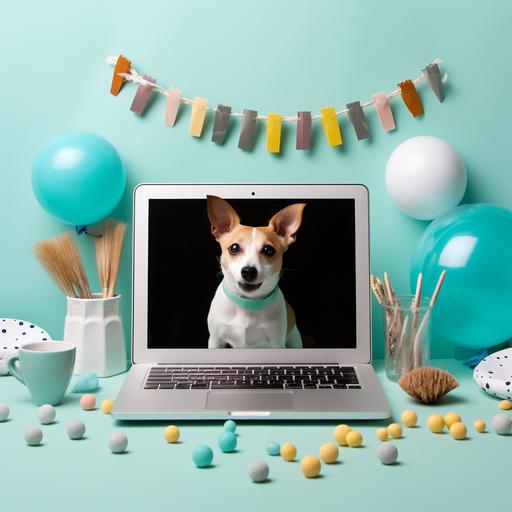 a flatlay of a Laptop, dog toys and bandages. Commercial shot, pastel turquoise background.