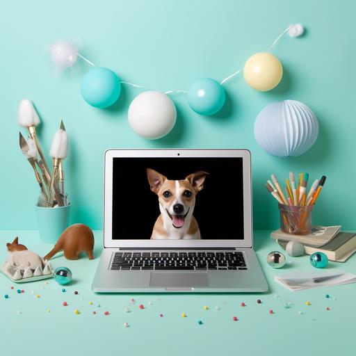 a flatlay of a Laptop, dog toys and bandages. Commercial shot, pastel turquoise background.