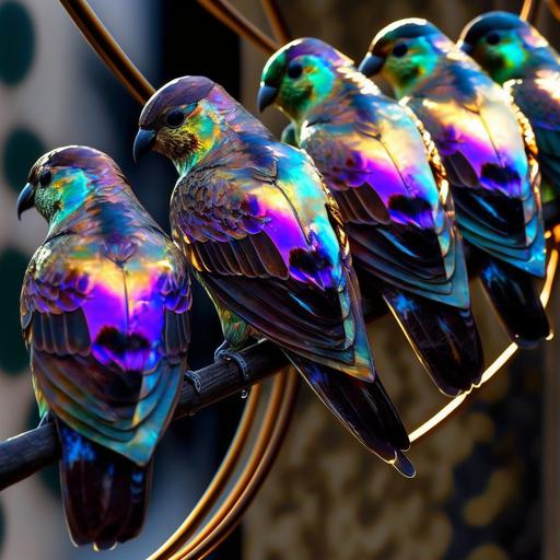 a flock of gleaming iridescent transluscent stained glass carnival glass pigions sitting on a power line close up photo realistic, dramatic lighting, unusual perspectives, intricately detaied , dynamic compositions, ,expressive ,beautiful ,memorable ,thought provoking , award winning, GROTESQUE, BAROQUE, DARK FANTASY ,,no signatures - @Outsidecat67 (fast)