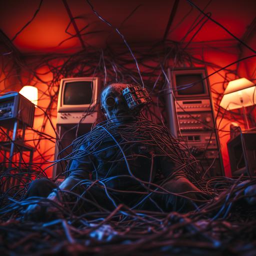 a floor of wires and a body of a decomposing man sits intertwined in the cords connecting to a bunch of old televisions, ultra realistic photo, retro, noir, eerie atmosphere, neon light, red and blue, Sony a7 camera with 35mm lens