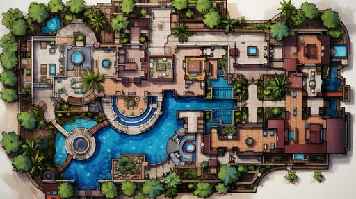 a floor plan showing a large mansion with a pool, square lazy river loop, in the style of wood veneer mosaics, fairytale-inspired, modular, ornamental details and embellishments, sparse and simple, colorful and bold, industrial design inspired --ar 16:9 --v 5.2