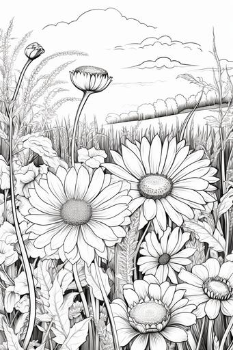 a flower field, line drawing, for coloring book, in a book, black and white for coloring, closed line, full of screen, clean line, --ar 2:3