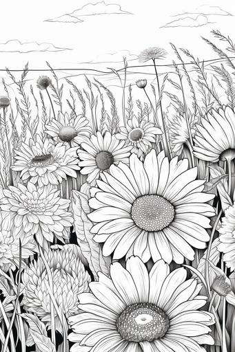 a flower field, line drawing, for coloring book, in a book, black and white for coloring, closed line, full of screen, clean line, --ar 2:3