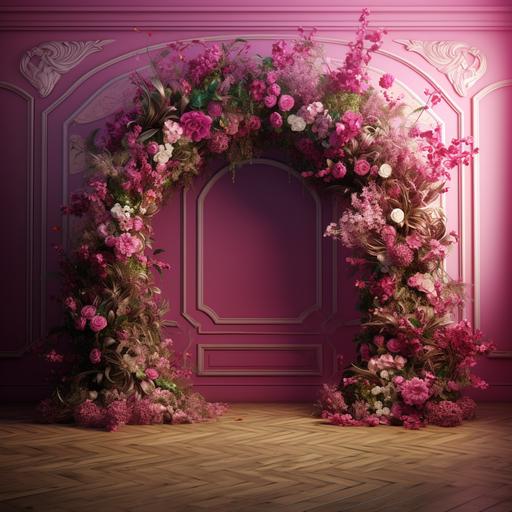 a flowery arch decorated with flowers in a room with an intriguing floor, against a magenta wall, dreamy, fairytale, beautiful, dramatic, superrealistic , highly detailed, 4k rendered