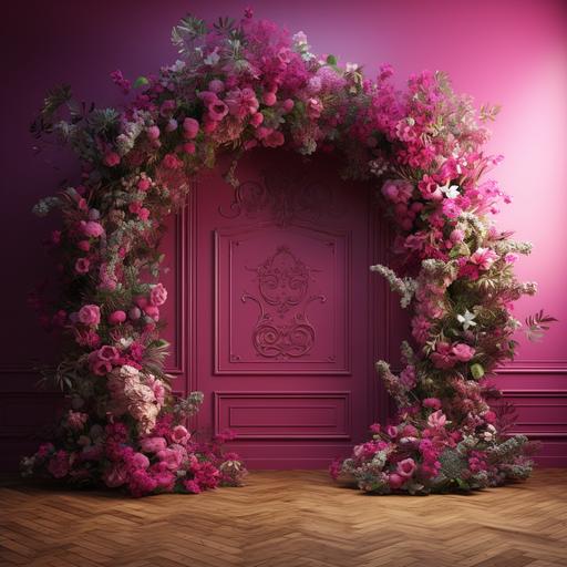 a flowery arch decorated with flowers in a room with an intriguing floor, against a magenta wall, dreamy, fairytale, beautiful, dramatic, superrealistic , highly detailed, 4k rendered