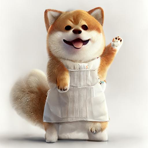 a fluffy Shiba Inu, smiling, standing, wearing a white work apron, have a eyelash on her hand, white clean background, 3D art, 8K, C4D, best quality,