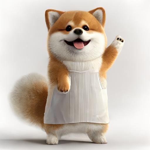 a fluffy Shiba Inu, smiling, standing, wearing a white work apron, have a eyelash on her hand, white clean background, 3D art, 8K, C4D, best quality,