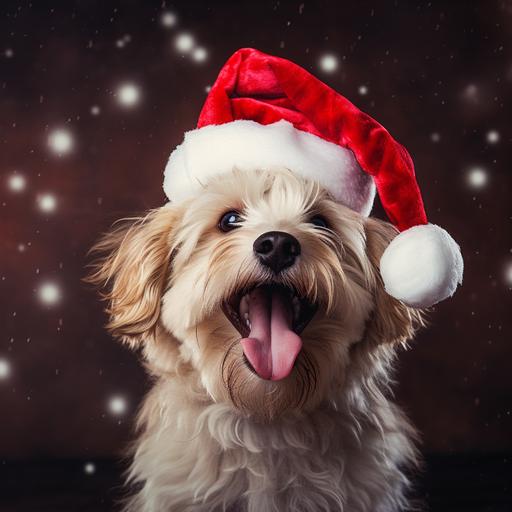 a fluffy dog with a santa hat on . He is happy and excited
