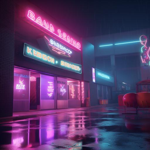 a fluorescent sign outside a rundown bowling alley. Posters on the walls of the building are synthwave bowling balls. Dirty old brick building in the night so the fluorescent bowling business sign stands out in light and foggy humidity. Realism. 8K. Super detailed.