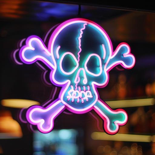 a fluoresent sign of a cartoon skull and crossbones --style raw